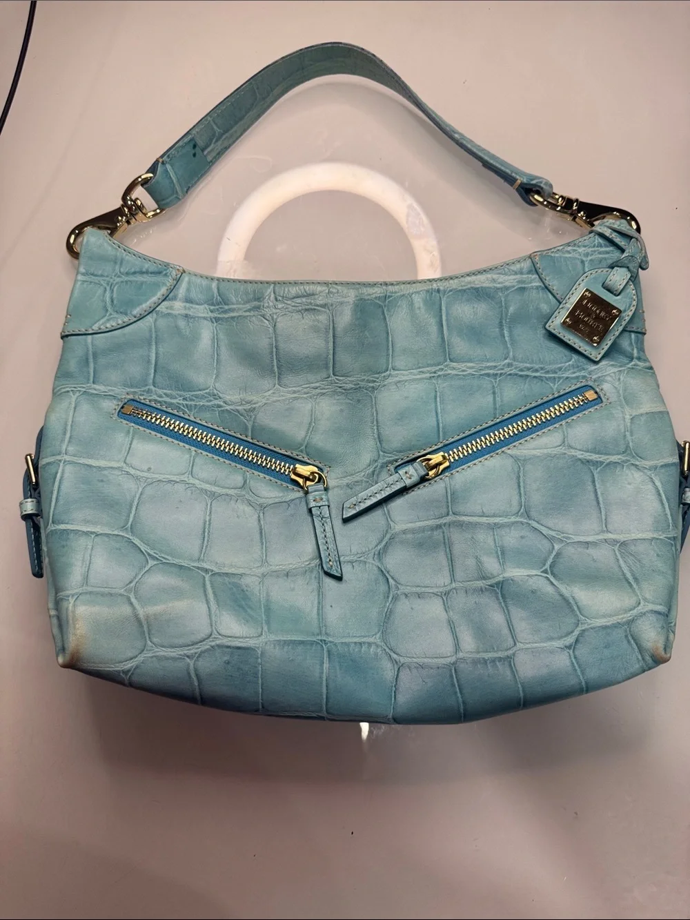 Dooney & Bourke Cinzia Light Blue Croc-Embossed Shoulder Bag with Gold Hardware